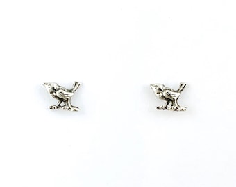 Little Bird on a Branch Stud Earrings Pair in Sterling Silver, Bird Earrings, Sparrow Silver Earrings, Tiny Silver Post Earrings