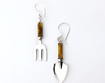 Mini Fork and Trowel Earrings with Tiger Eye, Garden Tool Earrings in Sterling Silver, Garden Hand Tool Jewelry, Gardener Gift