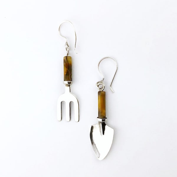 Mini Fork and Trowel Earrings with Tiger Eye, Garden Tool Earrings in Sterling Silver, Garden Hand Tool Jewelry, Gardener Gift