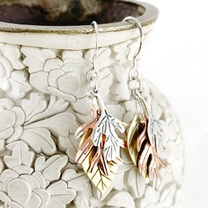 Tree Leaves of Autumn Earrings in Sterling Silver and Brass, Sycamore, Maple, and Oak Tree Leaves, Fall Leaf Earrings, Autumn Tree Earrings