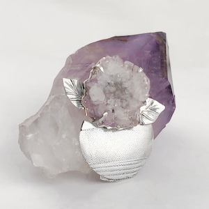 Amethyst Flower Sterling Silver Brooch: Handmade Stalactite Geode