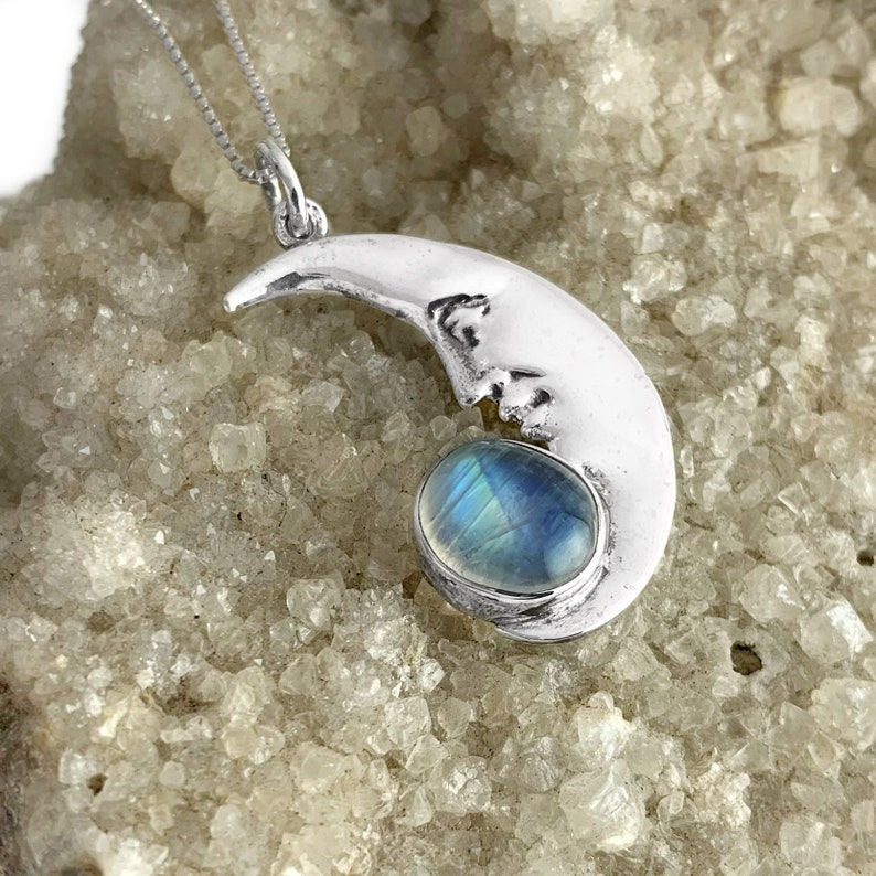 Crescent Moon Face Necklace with Moonstone and Sterling, Glowing Moon Pendant or Necklace, High Quality Rainbow Moonstone Necklace / Pendant image 1