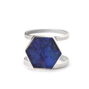 Natural Lapis Lazuli Geometric Ring, Sterling Silver Lapis Lazuli Ring, Hexagon Silver Ring, Large Stone Ring, Double Band Ring