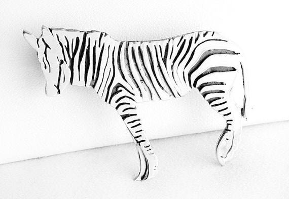 Sterling Silver Zebra Pin: Striped Animal Brooch (46x32mm)