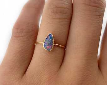 Australian Opal Stacking Ring in 14k Gold Filled, Natural Opal Yellow Gold Ring, Genuine Opal Ring, Ethically Mined Opal, Custom Opal Ring