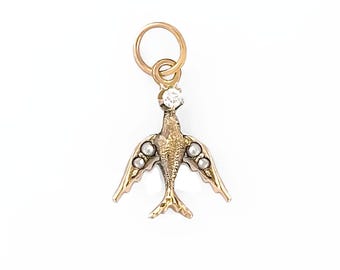 Antique Sparrow Diamond Gold Pendant; 10k, Je Reviens Victorian Charm, Seed Pearl Wings, Victorian Gold Charm