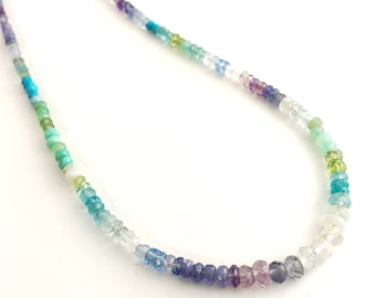 Multi Gemstone Bead Necklace in Sterling Silver,  Multi Color Necklace, Faceted Bead Necklace, Sterling Silver Chain Necklace