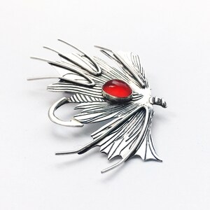 Fly Fishing Sterling Silver Lure Brooch with Carnelian