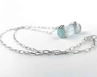 Natural Aquamarine Crystal Bar Necklace in Sterling Silver, Blue Aquamarine Necklace, Genuine Aquamarine Crystal, Sterling Silver Necklace