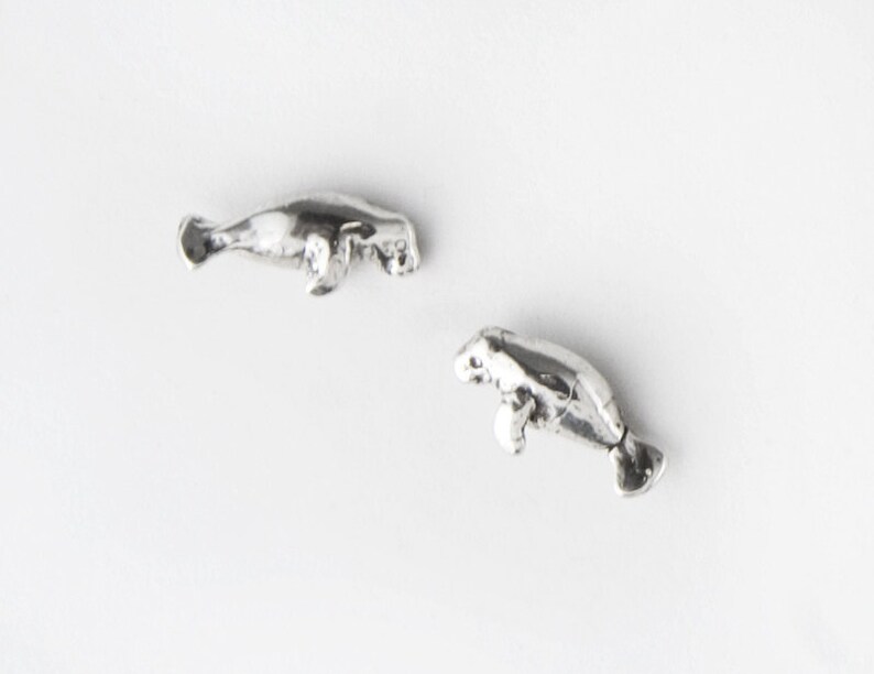 Manatee Small Post Earrings Pair in Sterling Silver, Manatee Post Earrings in Sterling Silver, Endangered Animal Jewelry image 2