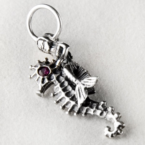 Majestic Mermaid and Seahorse with Ruby Eye Sterling Silver Charm, Mermaid and Seahorse Charm Pendant in Sterling Silver