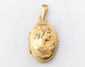 14k Gold Cameo Locket Pendant, Vintage Italian Gold Locket, Victorian Cameo Locket