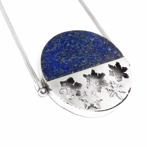Winter Night Snowflakes and Lapis Lazuli 24" inch Sterling Silver Necklace