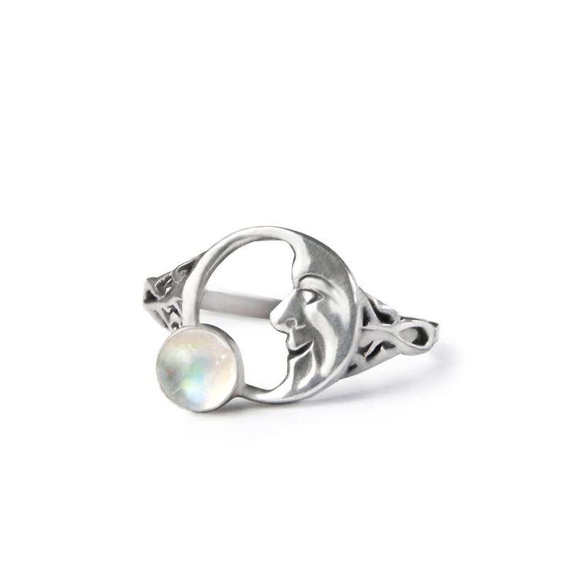 Crescent Moon Silver Ring, Rainbow Moonstone Sterling Silver Ring, Silver Moon Ring, Moon Face Ring, Moonstone Ring image 1