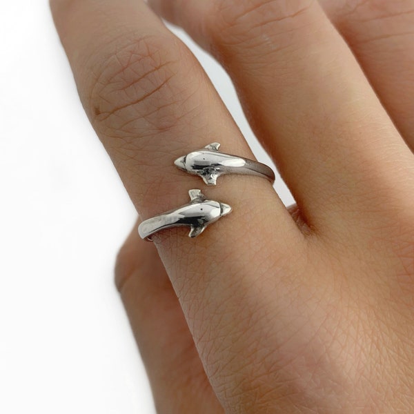 Dolphin Sterling Silver Adjustable Ring, Adjustable Bottlenose Dolphin Ring in Sterling Silver, Sterling Silver Dolphin Ring, Wrap Ring