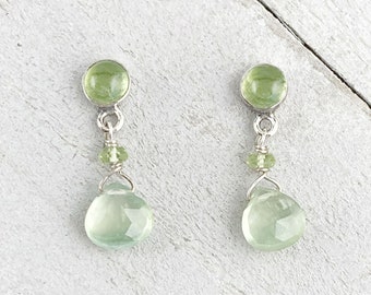 Petite Prehnite Teardrop Stud Earrings in Sterling Silver, Peridot and Prehnite Post Earrings in Sterling Silver, Gemstone Stud Earrings