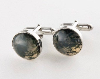 Green Moss Agate Cufflinks in Sterling Silver, Round Cufflinks in Green Moss Agate and Sterling Silver, Simple Round Moss Agate Cufflinks,