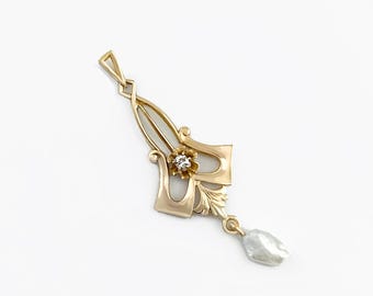 Antique Victorian White Sapphire and Angel Wing Pearl Gold Pendant, 10k Gold Lavalier Pendant, Art Nouveau Gold Pendant