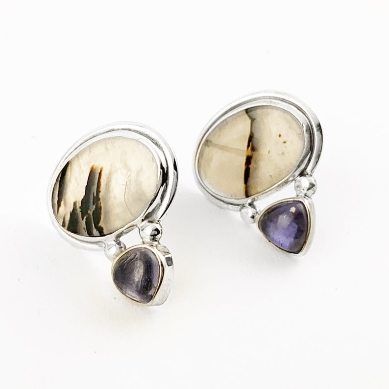 Vintage Mod Montana Agate and Iolite Stud Earrings in Sterling Silver, Art Deco Mod Montana Agate and Iolite Gemstone Stud Post Earrings image 5