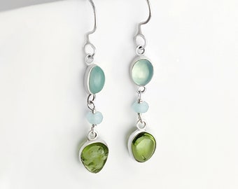 Peridot and Aquamarine Chalcedony Earrings in Sterling Silver, Natural Peridot Earrings, Green Gemstone Earrings, Silver Dangle Earrings