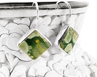 Rainforest Jasper Rhyolite Earrings in Sterling Silver, Green Rhyolite Earrings, Jungle Agate Square Diamond Shaped Earrings