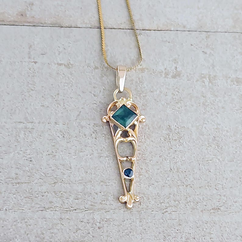 Victorian 10K Gold Pendant: Green Tourmaline & Sapphire Antique Charm image 6