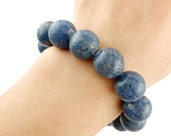 Natural Blue Coral Large Bead Bracelet in Sterling Silver