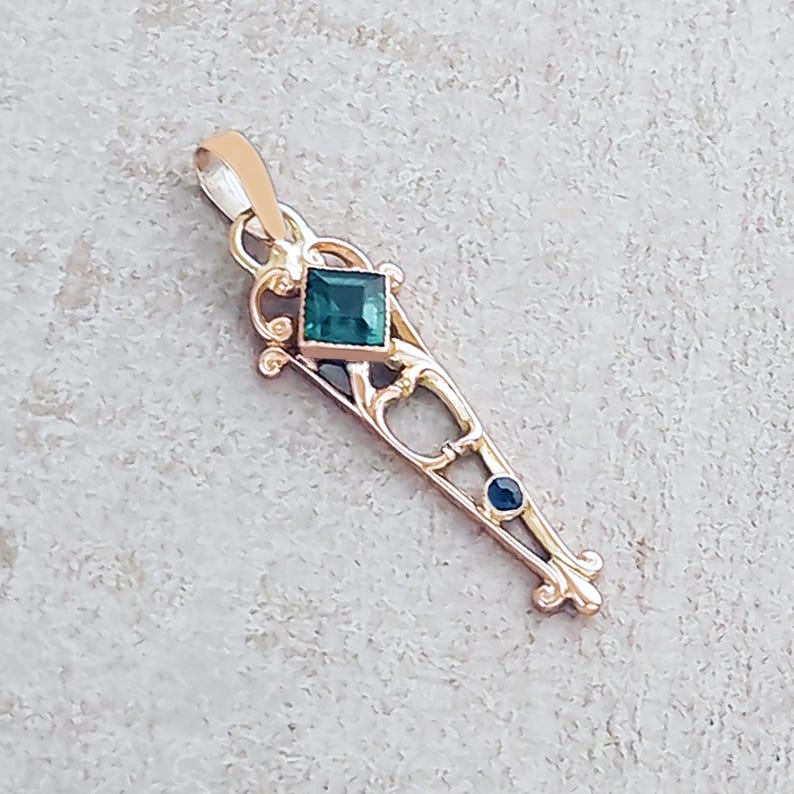 Victorian 10K Gold Pendant: Green Tourmaline & Sapphire Antique Charm image 4
