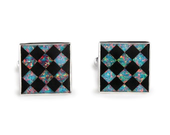 Black Opal Cufflinks in Sterling Silver, Australian Opal Mosaic Inlay Cufflinks, Sterling Silver Cufflinks, Opal Harlequin Mosaic
