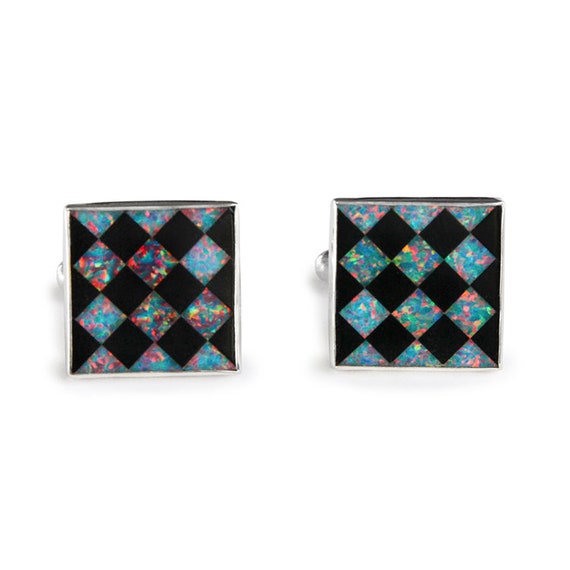 Harlequin Black Opal Cufflinks: Sterling Silver Mosaic Inlay