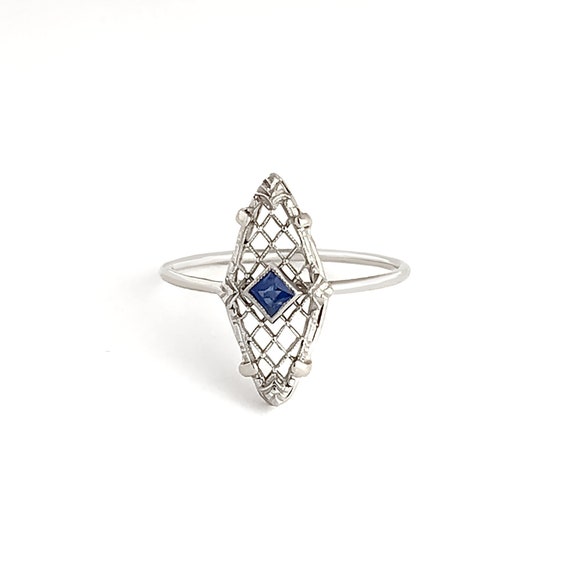 Antique Victorian Sapphire 14k White Gold Ring, V… - image 1