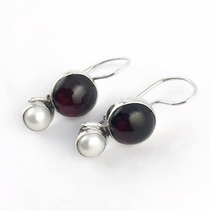 Elegant Red Garnet and White Pearl Sterling Silver Earrings