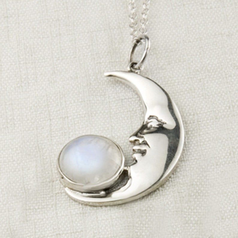 Crescent Moon Face Necklace with Moonstone and Sterling, Glowing Moon Pendant or Necklace, High Quality Rainbow Moonstone Necklace / Pendant image 4