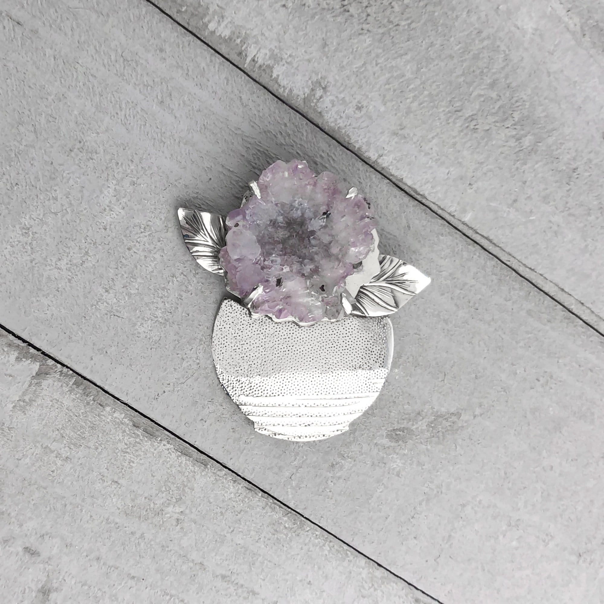 Amethyst Crystal Flower in Vase Sterling Silver Brooch: Amethyst