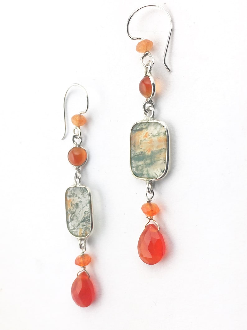 Carnelian and Agate Dangle Earrings Red Moss Agate Earrings in Sterling Silver