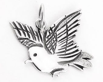 Flying Dove Pendant in Sterling Silver, Sterling Silver Flying Bird Charm Pendant Flying Dove Peace Symbol Bird Pendant in Sterling Silver