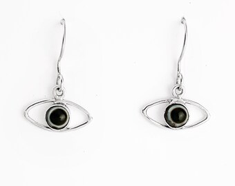 Evil Eye Agate Earrings in Sterling Silver, Eye Agate Evil Eye Earrings in Sterling Silver, Black Eye Agate Earrings