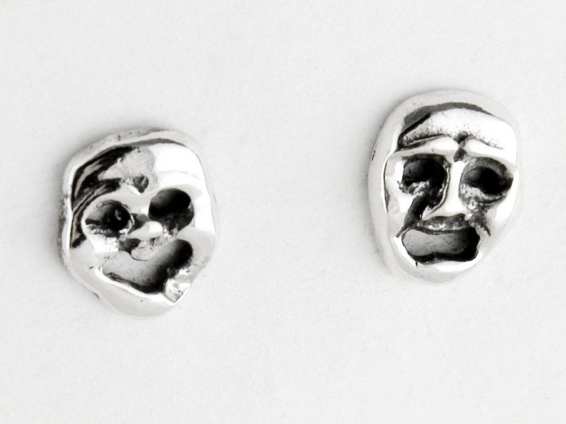 Comedy and Tragedy Sterling Silver Small Stud Earrings, Theatre Stud Earrings, Opera Drama Stud Earrings, Comedy and Tragedy Mask Studs image 1