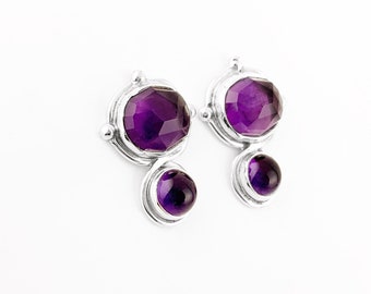 Elegant Faceted Amethyst Stud Post Earrings in Sterling Silver, Rose Cut Amethyst Earrings, Sterling Silver February Birthstone Earrings