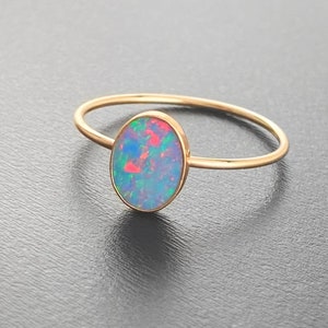Australian Opal Stacking Ring in 14k Gold Filled, Yellow Gold Opal Ring, Large Semi Black Opal Ring, Oval Opal Ring, Custom Bespoke Ring