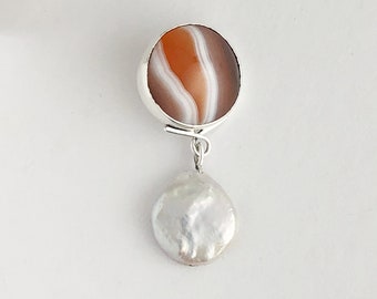 Abstract Mod Botswana Agate and Natural White Coin pearl Pendant in Sterling Silver, One of a Kind Pendant, White Pearl Silver Pendant