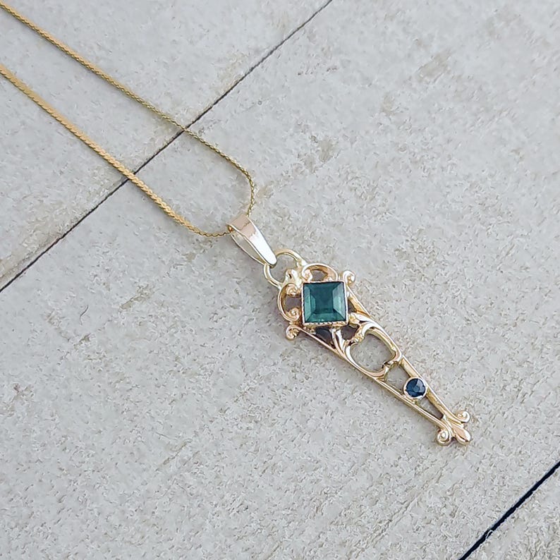 Victorian 10K Gold Pendant: Green Tourmaline & Sapphire Antique Charm image 5