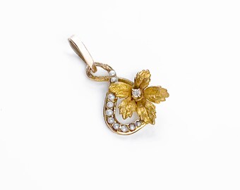 Antique Victorian 10k Gold and Flower Diamond Pendant, Antique Seed Pearl Flower Pendant, Solid Gold Charm, Diamond Charm, Gold Pendant
