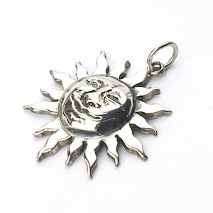 Large Silver Sun Pendant, Sterling Silver Sun Necklace, Smiling Sun Pendant