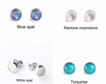Small Round Stud Earrings in Opal, Moonstone, Tourmaline, Tiny Stone Post Earrings in Sterling Silver, Small Sterling Silver Stud Earrings