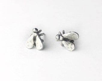 Small Housefly Stud Earrings Sterling Silver, Cute insect earrings