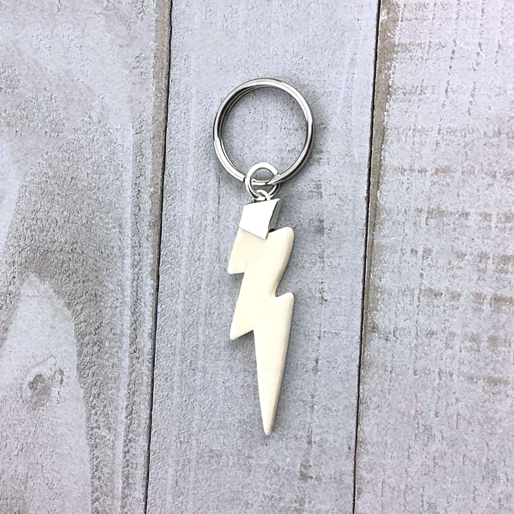 Vintage Carved Bone Lightning Bolt Keychain: Sterling Silver Key