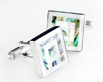 Abalone and Pearl Cufflinks in Sterling Silver, Groom Wedding Gift, Gemstone Pearl and Abalone Shell Mosaic Cuff Links in Sterling Silver