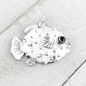Puffer Fish Pendant in Sterling Silver with Eye Agate, Unique Blowfish Pendant in Sterling Silver, Large Silver Blowfish Pufferfish Pendant