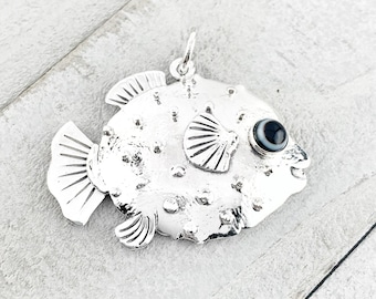Silver Toned Square Etched Spikey Puffer Fish Fugu Blowfish Tie Clip